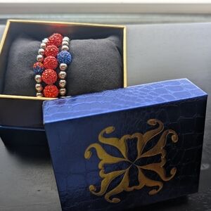 Beautiful Rustic Cuff Orange, Silver and Blue Beaded Bracelet Set Lot With Box